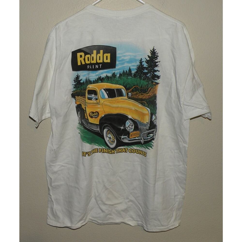 Gildan Ultra Men’s XL SS Rodda Paint T Shirt White Yellow Classic Truck HTRODDA